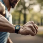 fitness tracking runner checking smartwatch outdoors